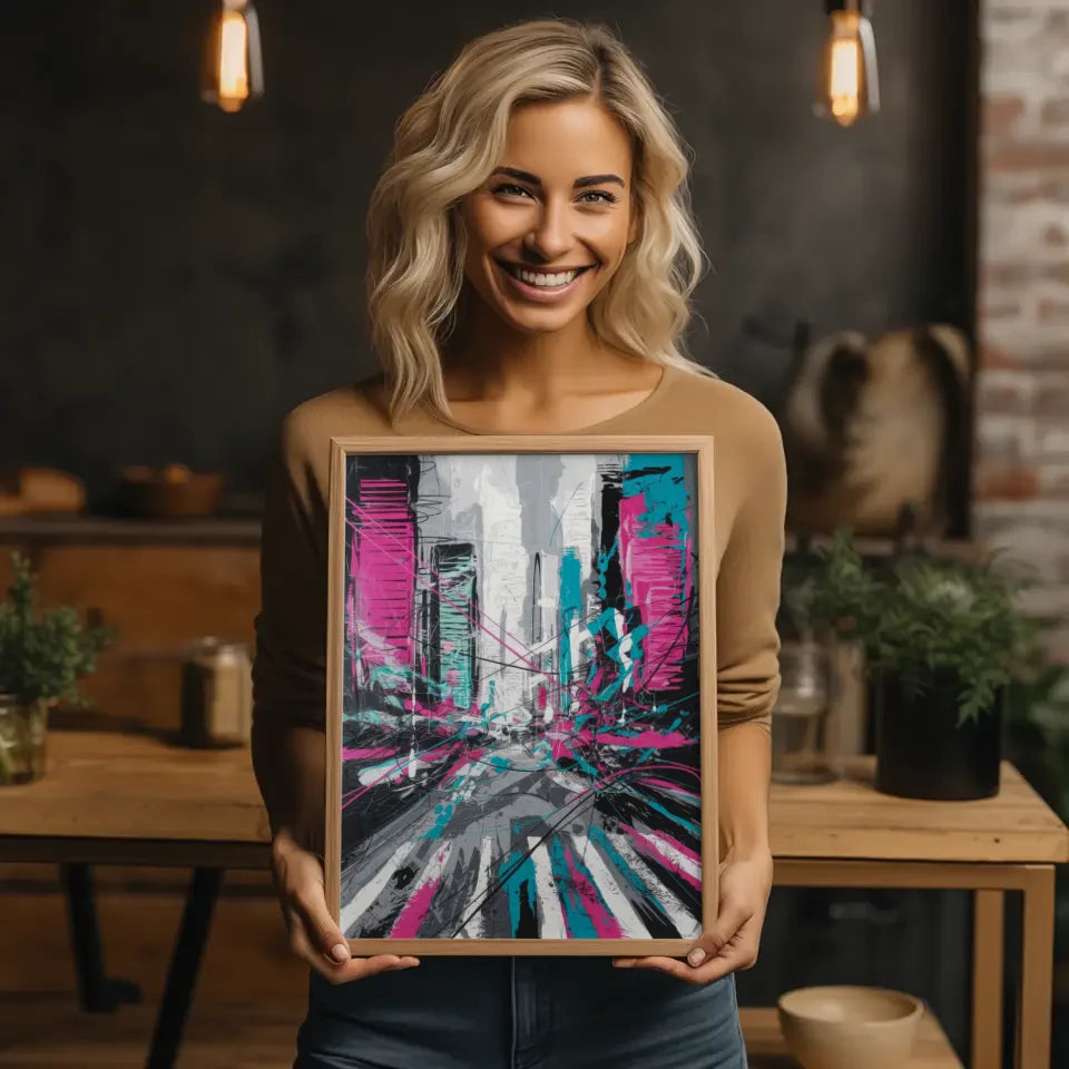 Abstrakter Poster Stadtleben mit Neonfarben und Linienkunst 2