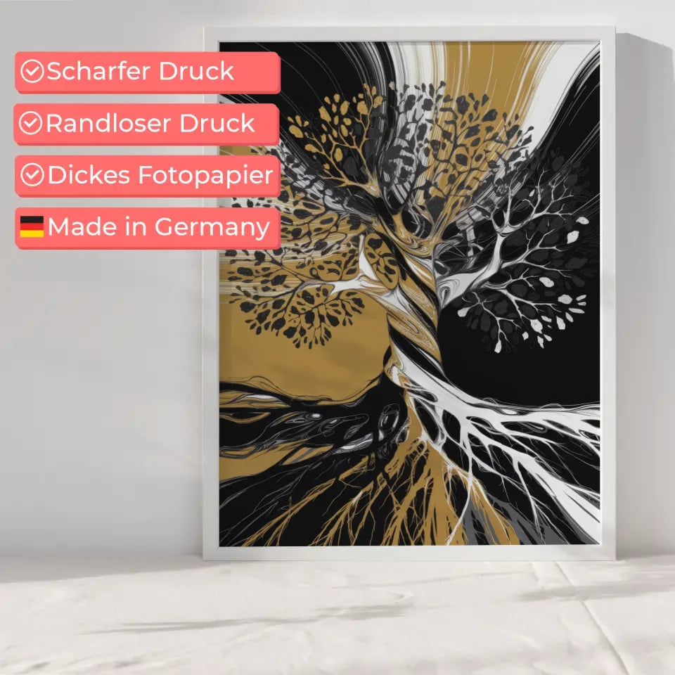 Abstrakter Poster Baumkunst in Schwarz Weiß und Gold 6
