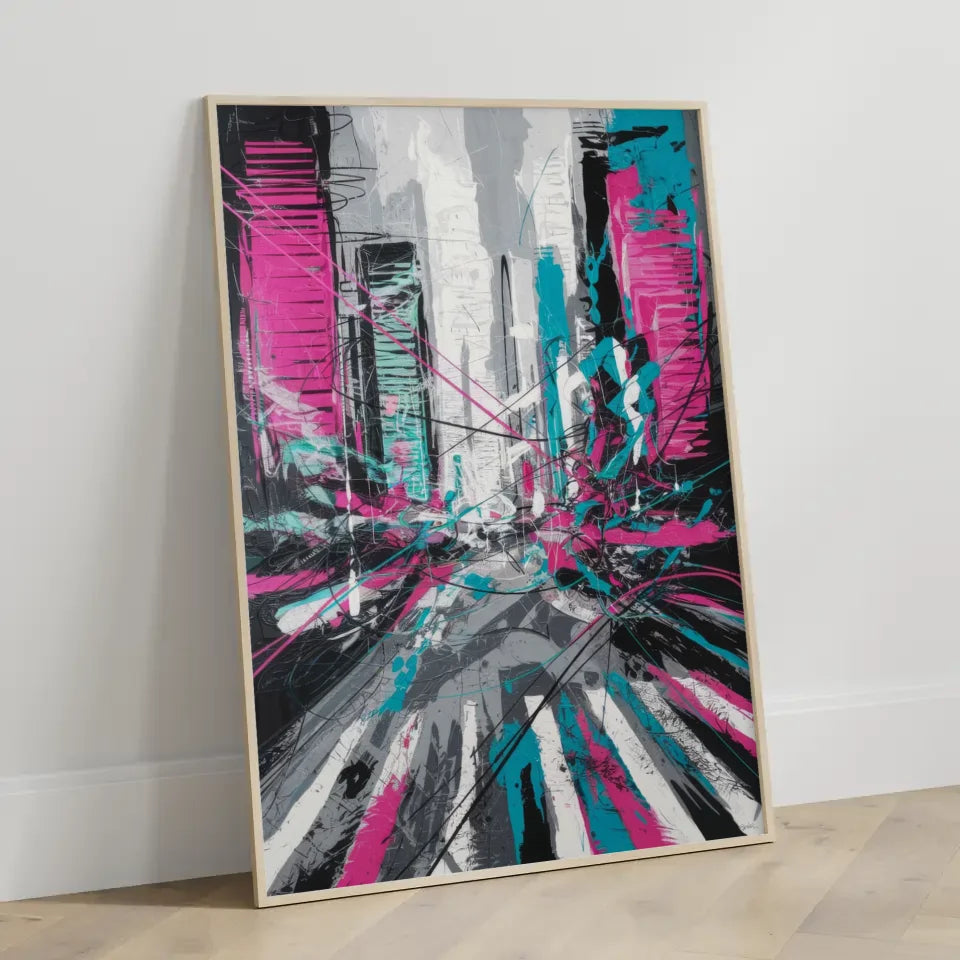 Abstrakter Poster Stadtleben mit Neonfarben und Linienkunst 3