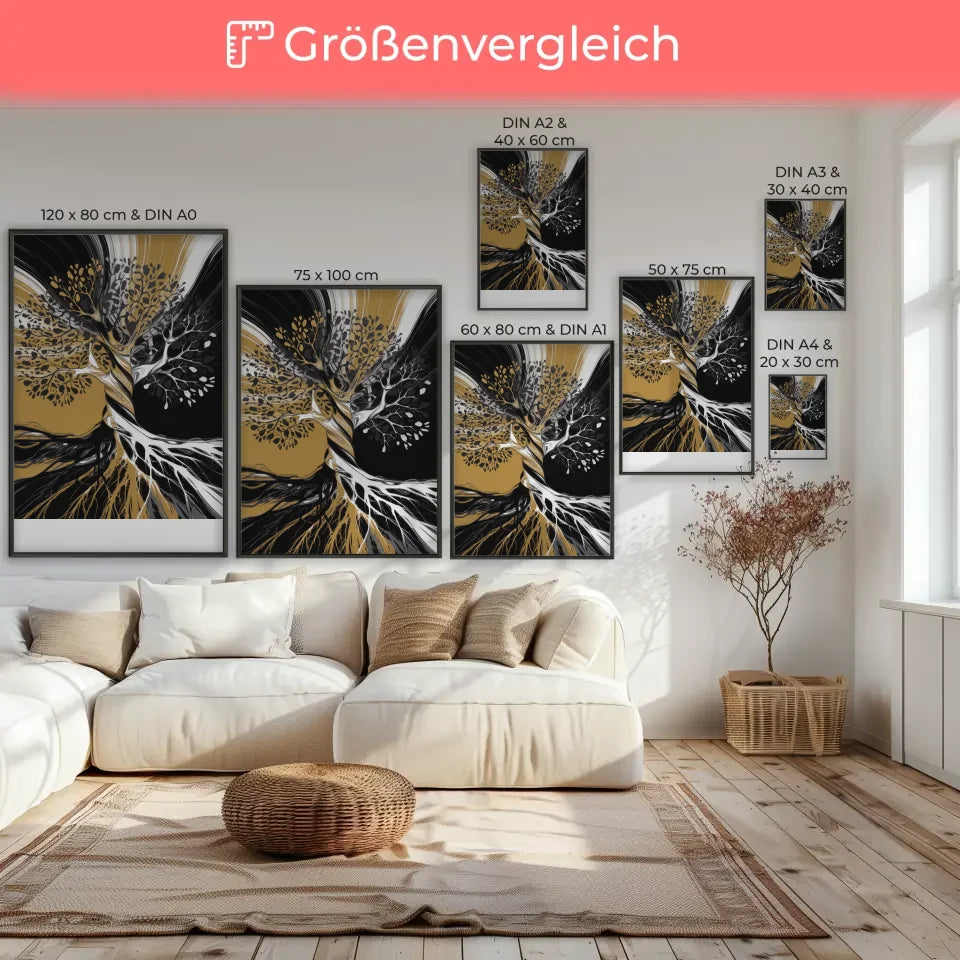 Abstrakter Poster Baumkunst in Schwarz Weiß und Gold 7