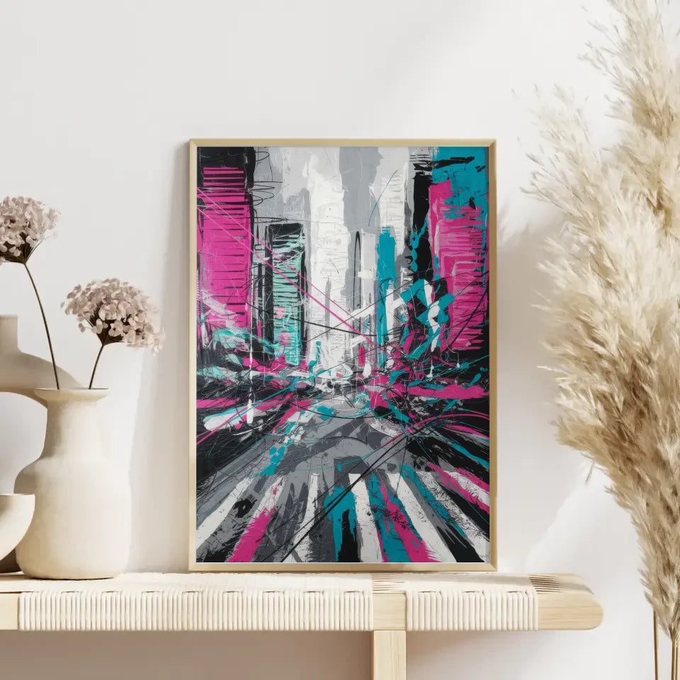 Abstrakter Poster Stadtleben mit Neonfarben und Linienkunst 4