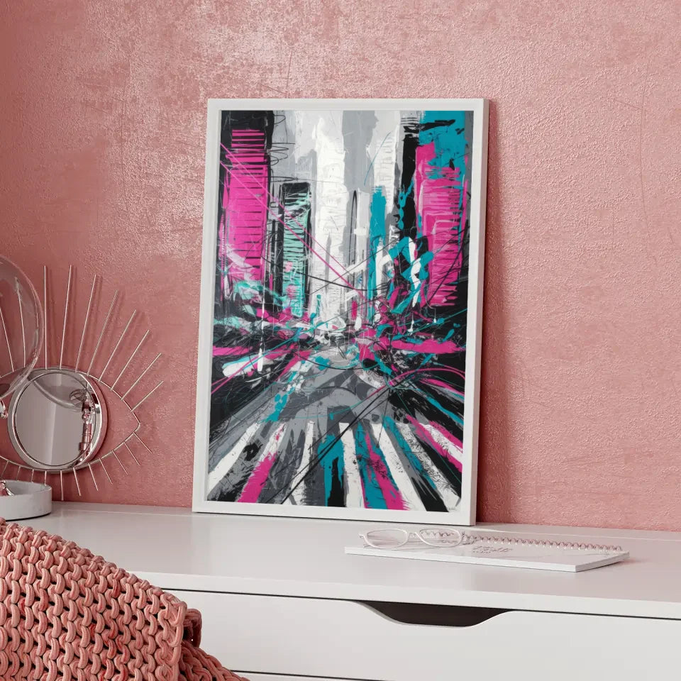 Abstrakter Poster Stadtleben mit Neonfarben und Linienkunst 5