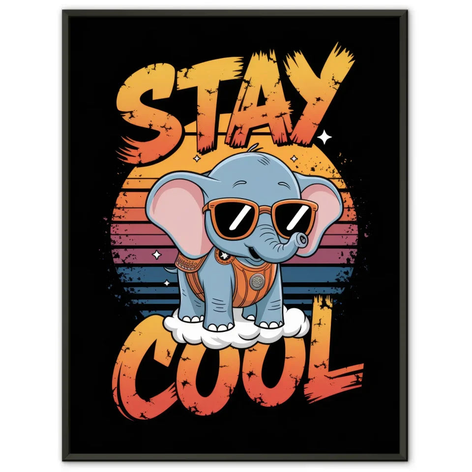 Vintage Poster mit Elefantenbaby und Sonnenuntergang 1