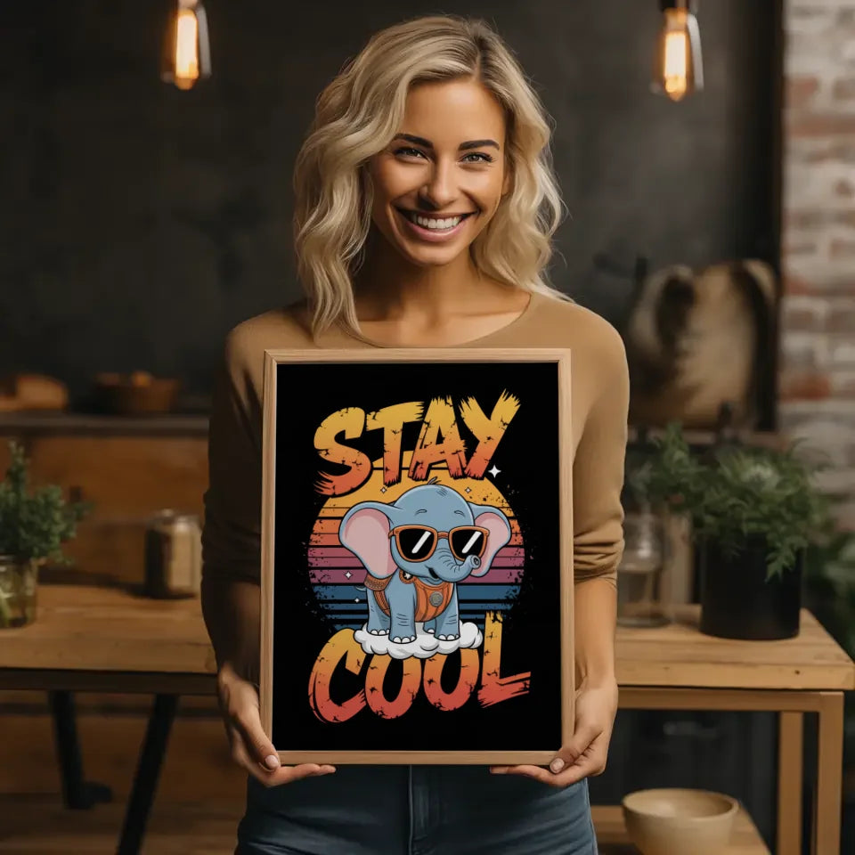 Vintage Poster mit Elefantenbaby und Sonnenuntergang 2