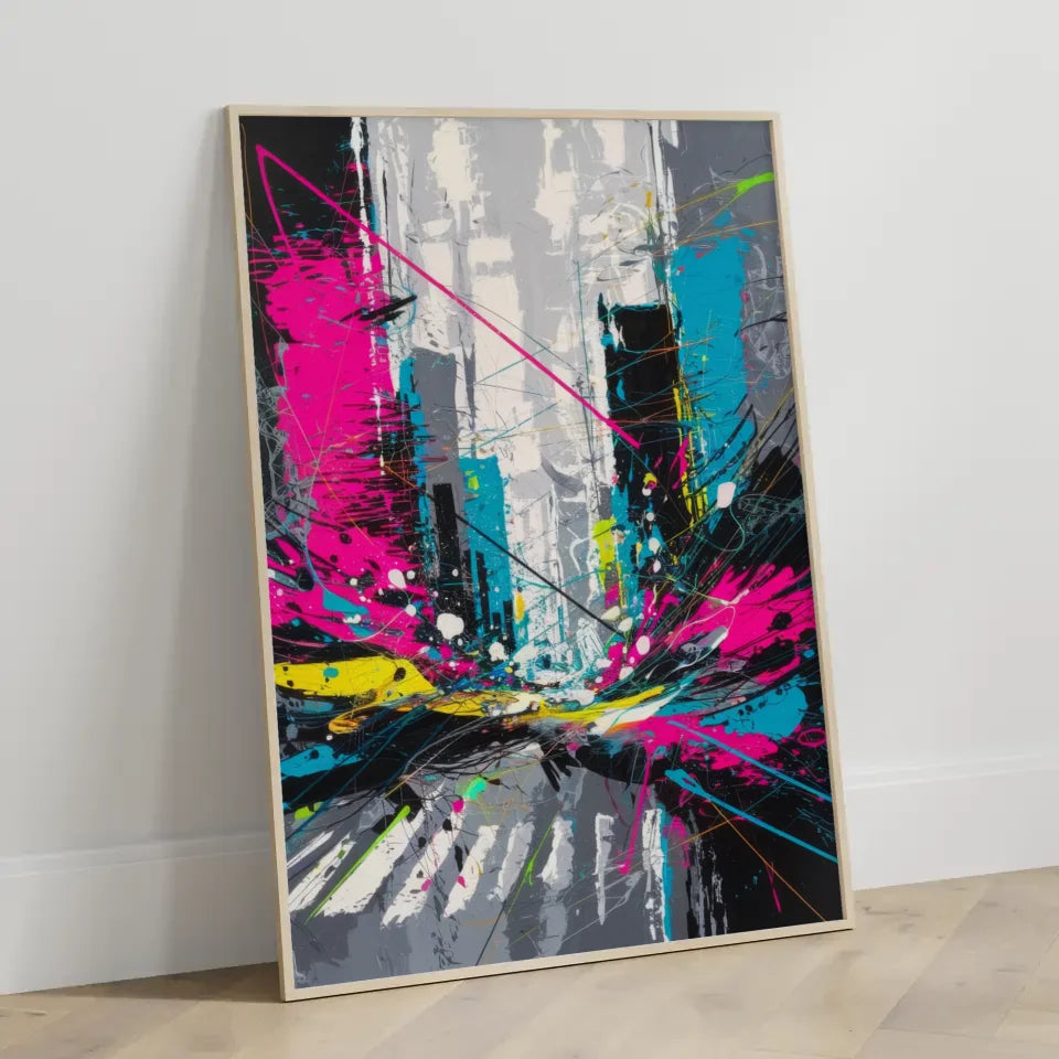 Abstraktes Poster Stadtleben mit Neonfarben und Grautönen 3