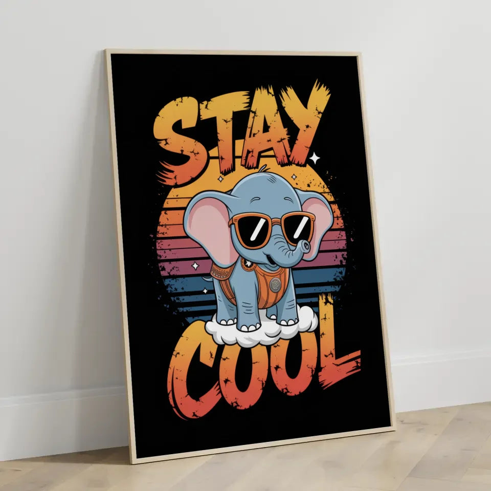 Vintage Poster mit Elefantenbaby und Sonnenuntergang 3