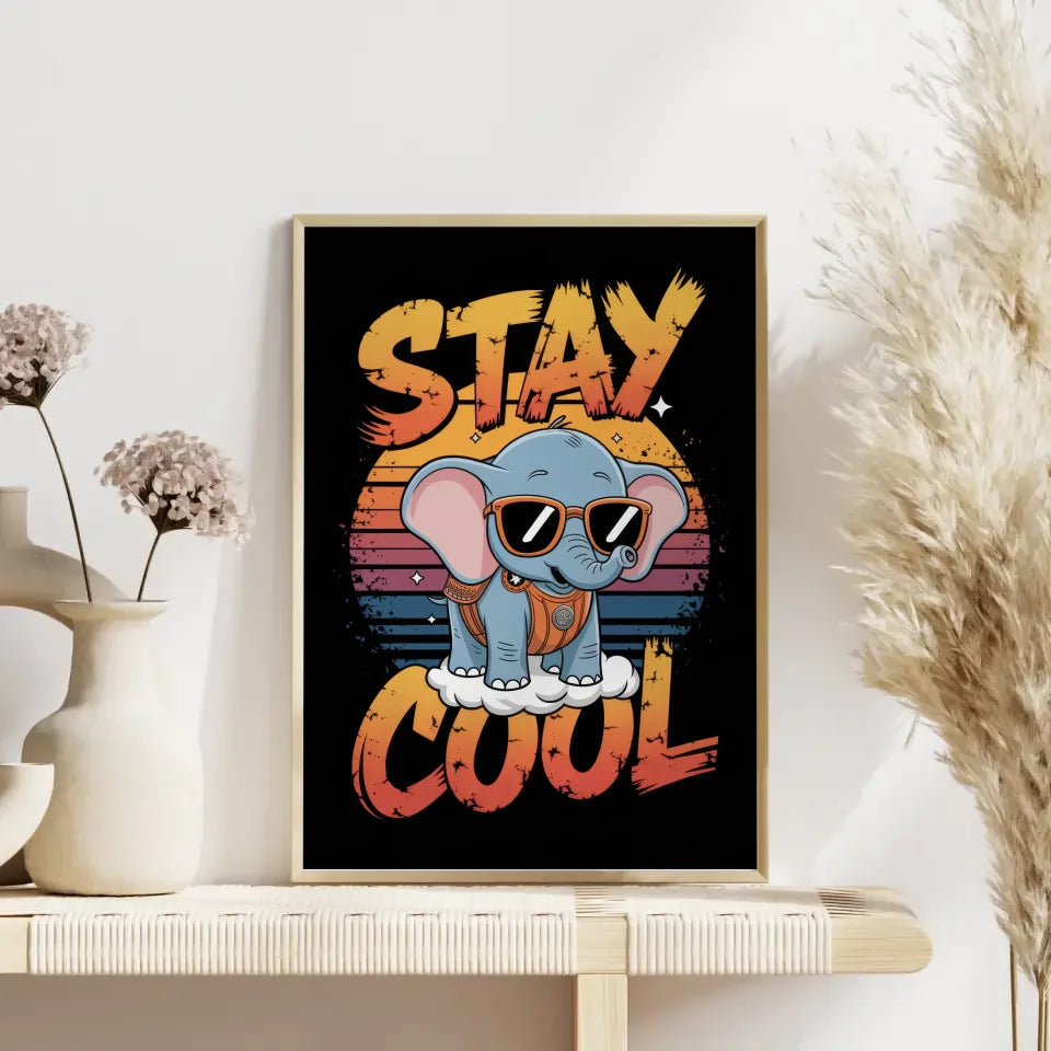 Vintage Poster mit Elefantenbaby und Sonnenuntergang 4