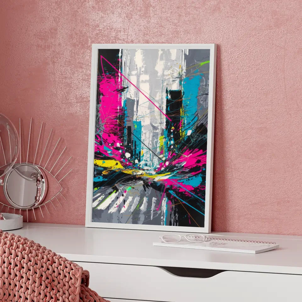 Abstraktes Poster Stadtleben mit Neonfarben und Grautönen 5