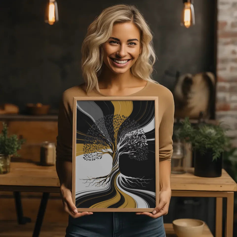 Abstrakter Poster mit Baumstruktur in Gold und Schwarz 2