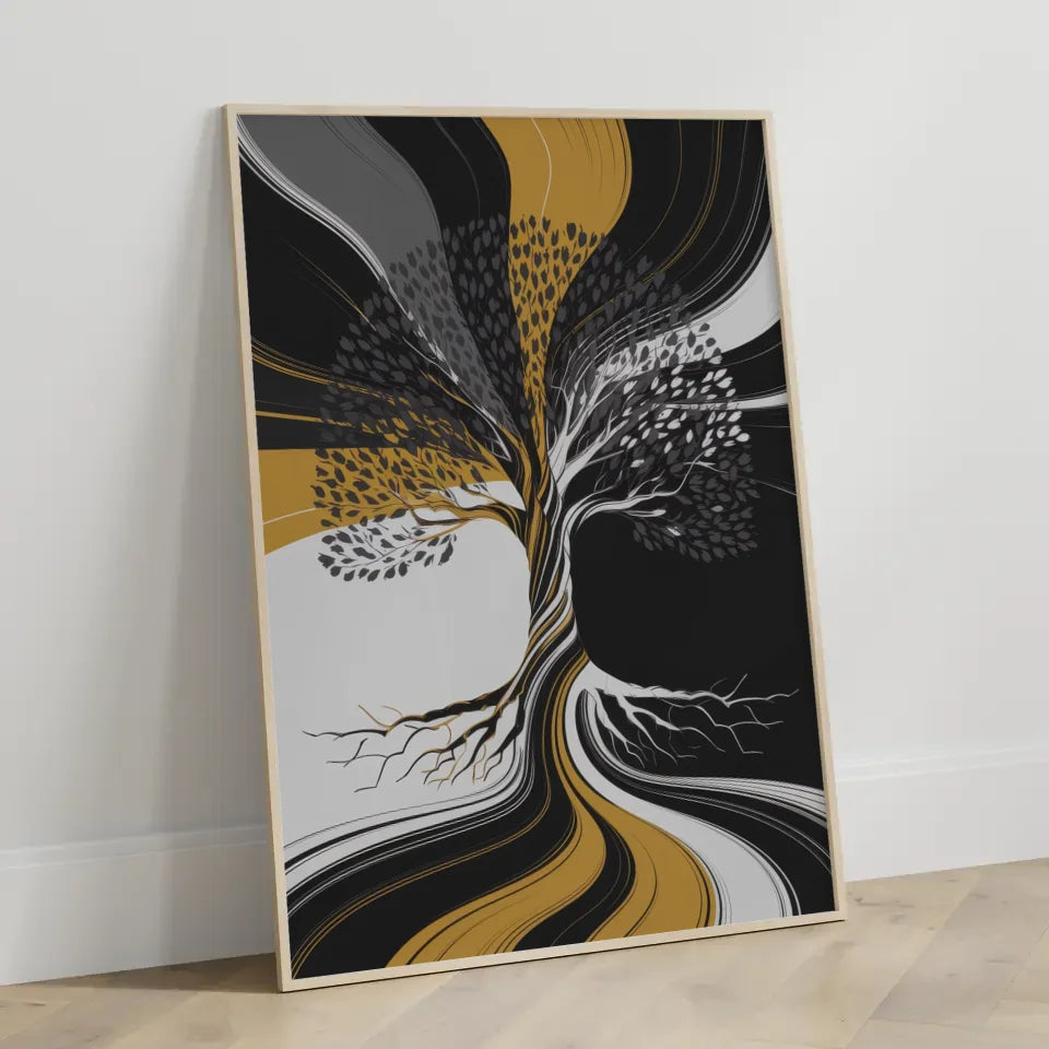 Abstrakter Poster mit Baumstruktur in Gold und Schwarz 3