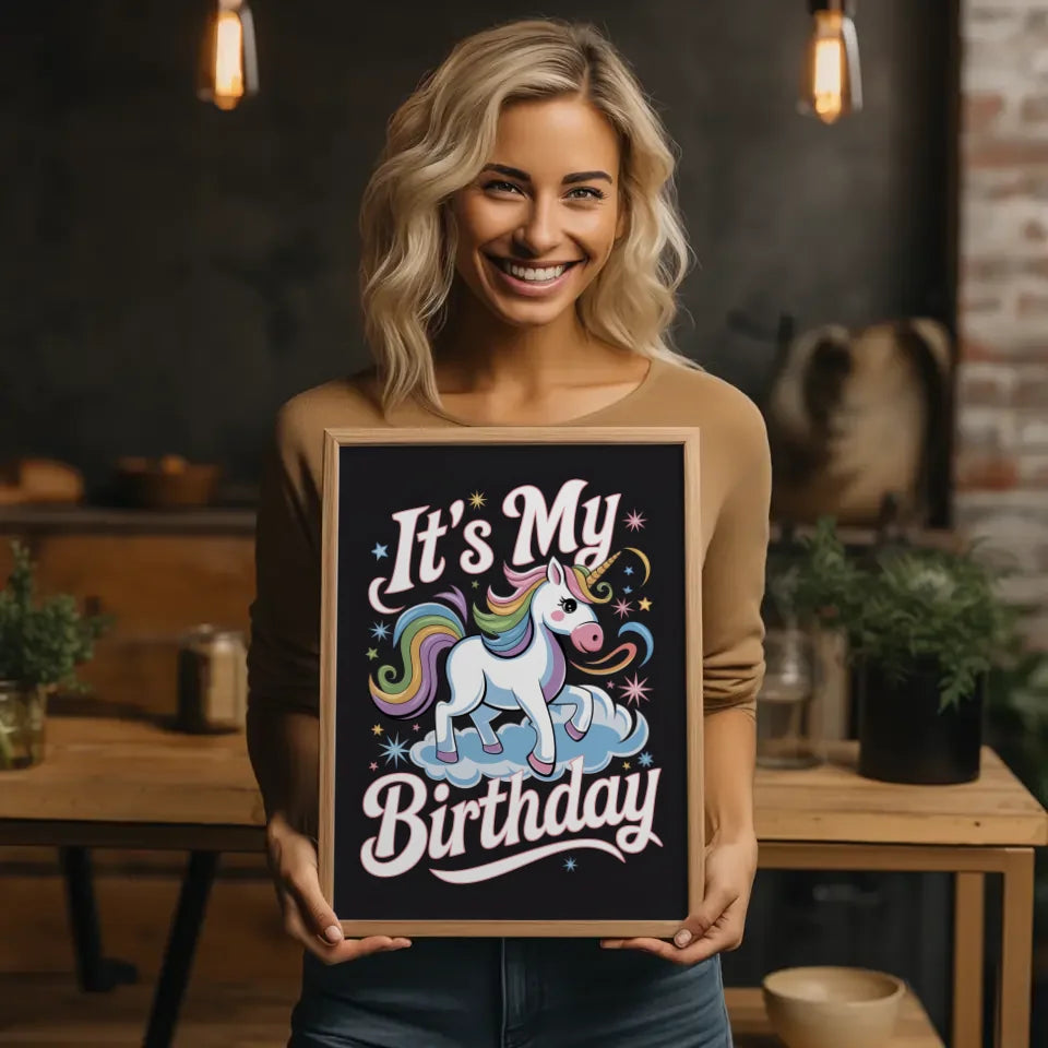 Fröhlicher Poster mit Kaffeetasse und Kissen Cartoon 2