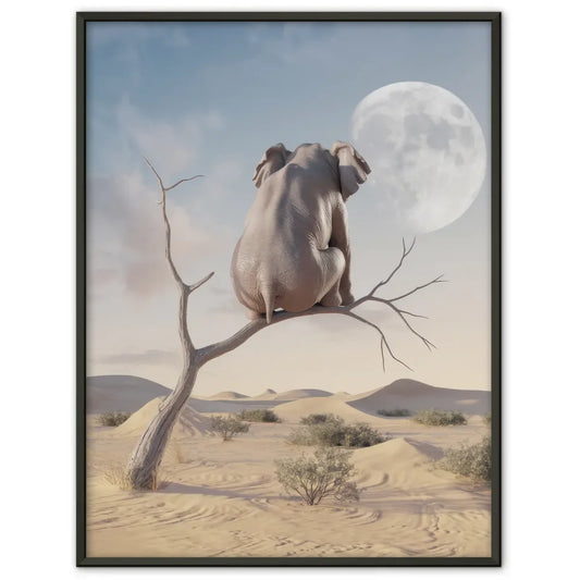 Surreales Poster mit Elefant in Wüstenlandschaft und Vollmond