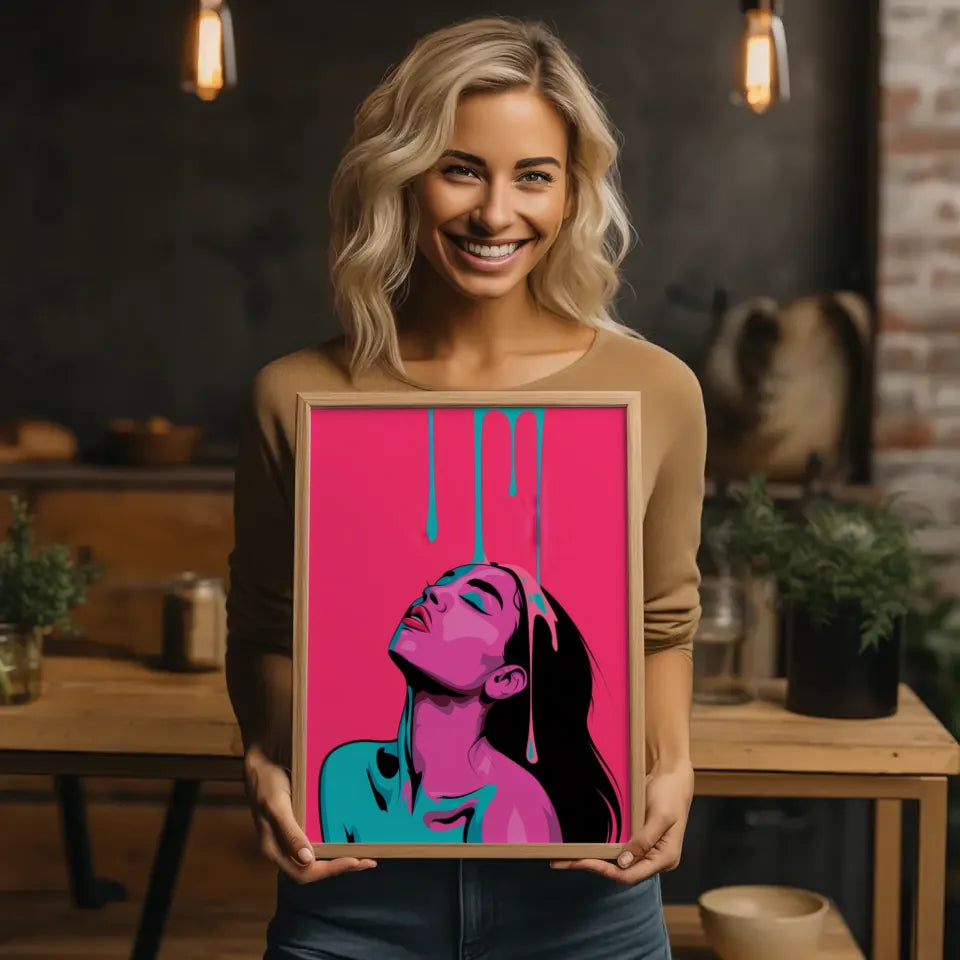 Feminines Poster in Rosa und Türkis stilisiertes Porträt einer Frau 2