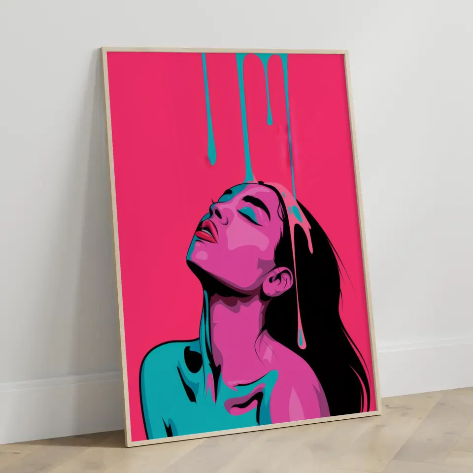 Feminines Poster in Rosa und Türkis stilisiertes Porträt einer Frau 3