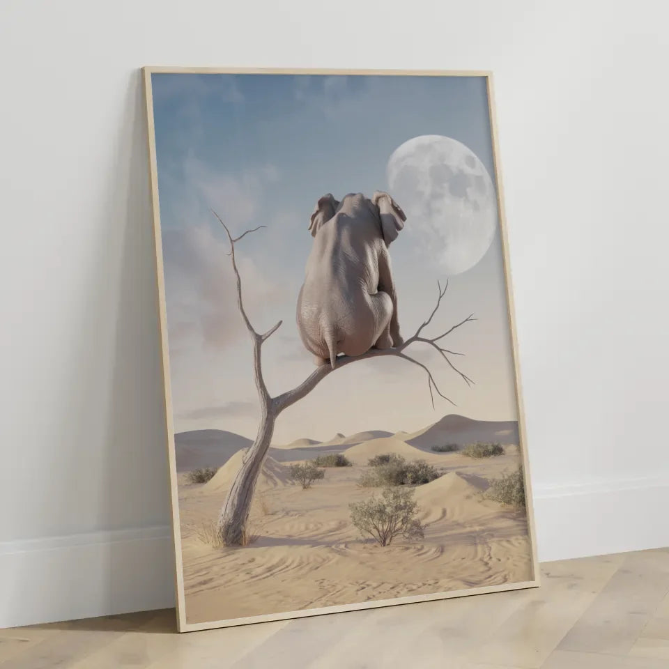 Surreales Poster mit Elefant in Wüstenlandschaft und Vollmond