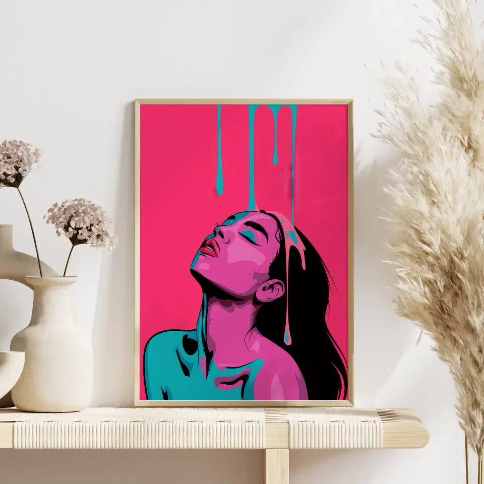 Feminines Poster in Rosa und Türkis stilisiertes Porträt einer Frau 4