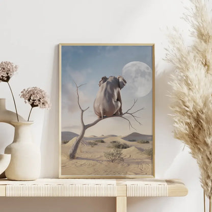 Surreales Poster mit Elefant in Wüstenlandschaft und Vollmond