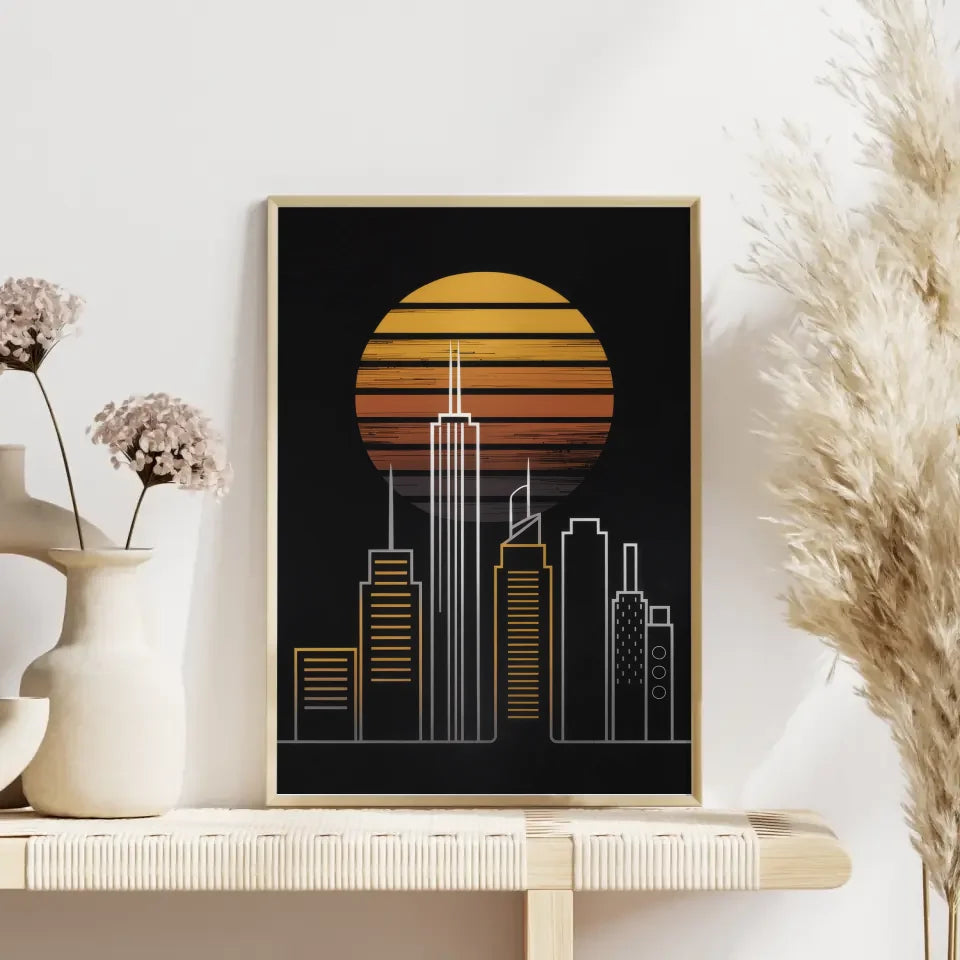 Minimalistisches Poster Stadtsilhouette in warmen Farben für Wanddekoration 4