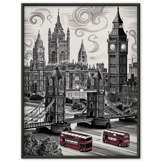 Poster London Schwarz-Weiß Zeichnung mit Big Ben und Tower Bridge