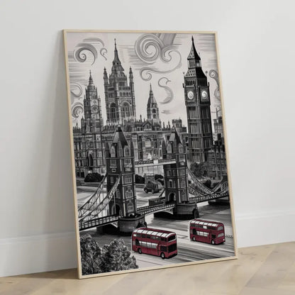 Poster London Schwarz-Weiß Zeichnung mit Big Ben und Tower Bridge