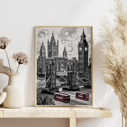 Poster London Schwarz-Weiß Zeichnung mit Big Ben und Tower Bridge