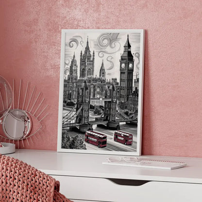 Poster London Schwarz-Weiß Zeichnung mit Big Ben und Tower Bridge