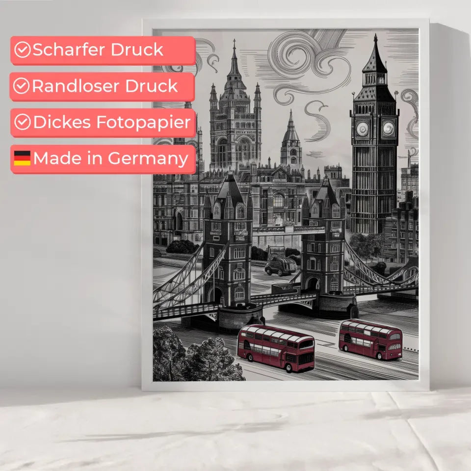 Poster London Schwarz-Weiß Zeichnung mit Big Ben und Tower Bridge