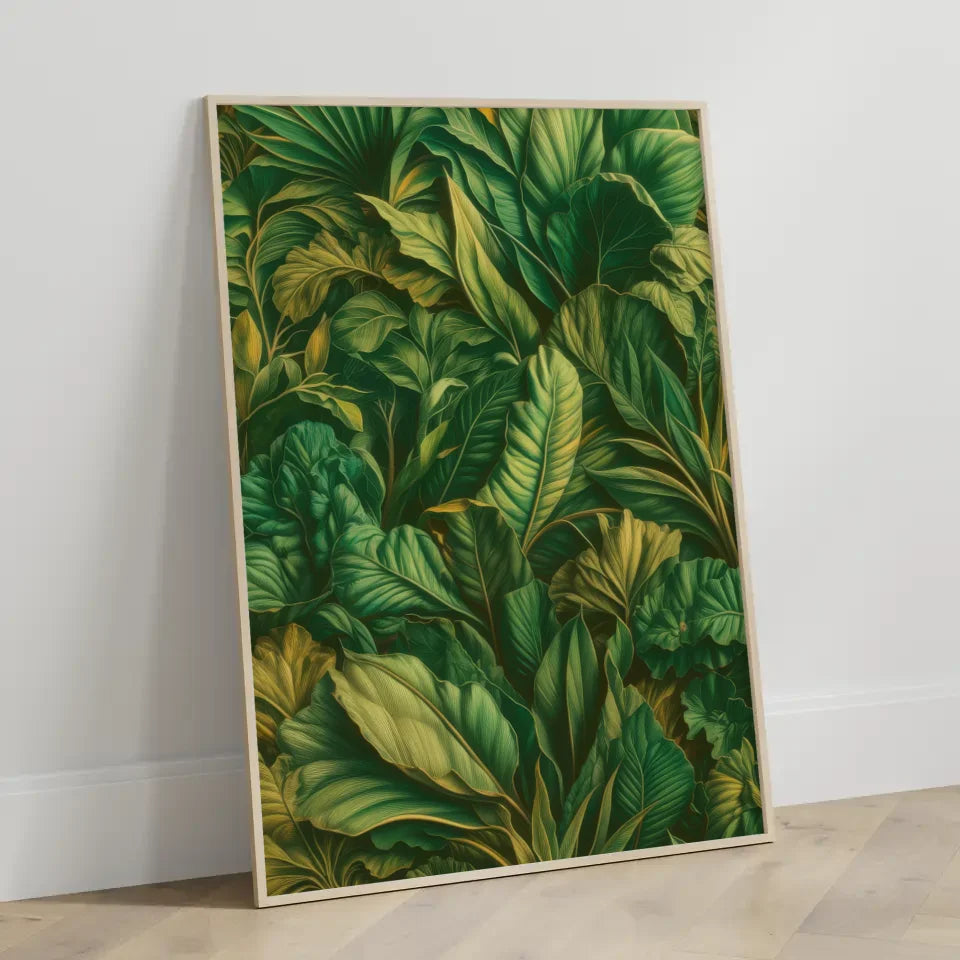 Künstlerisches Poster mit smaragdgrünen Blättern im Dschungellook 3
