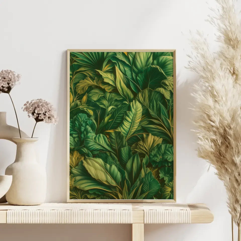 Künstlerisches Poster mit smaragdgrünen Blättern im Dschungellook 4