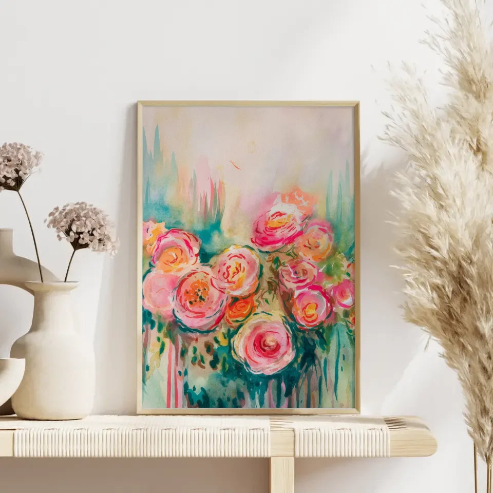 Abstraktes Poster Aquarell Rosen in warmen Farben 4