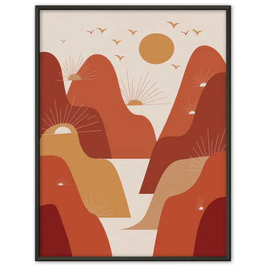 Abstrakte Landschaft Poster mit minimalistischen Bergen und Sonnenuntergang 1