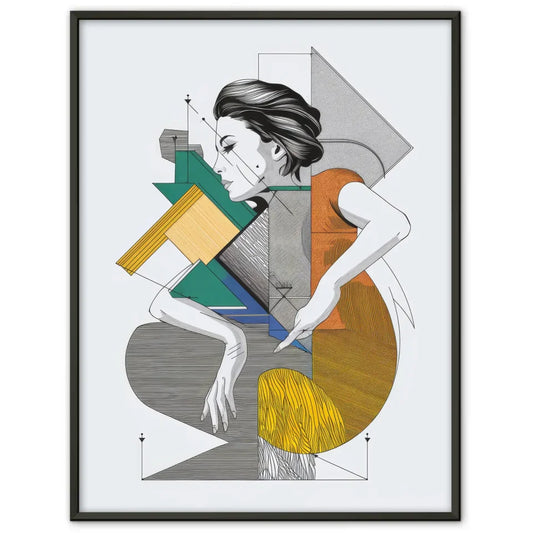 Poster Bauhaus Federillustration weibliche Figur mit geometrischen Formen 1