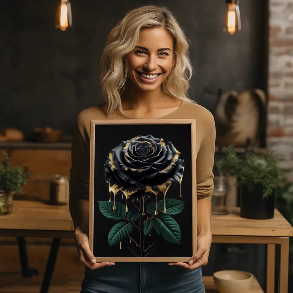 Schwarze Rose Poster mit goldenen Akzenten und Eleganz 2
