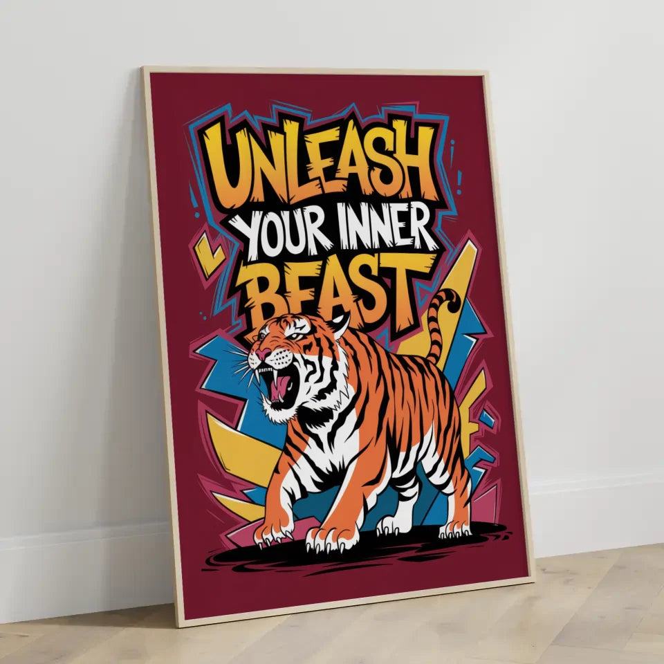 Brüllender Tiger Poster mit abstrakten Farben und Graffiti Schriftzug 3