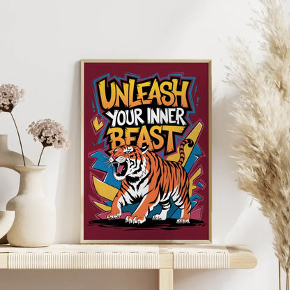 Brüllender Tiger Poster mit abstrakten Farben und Graffiti Schriftzug 4