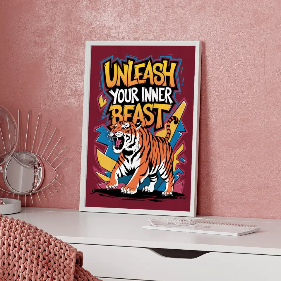 Brüllender Tiger Poster mit abstrakten Farben und Graffiti Schriftzug 5