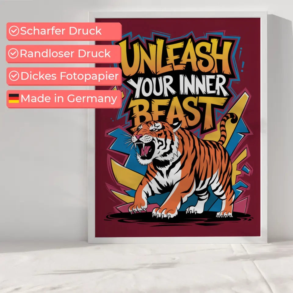 Brüllender Tiger Poster mit abstrakten Farben und Graffiti Schriftzug 6