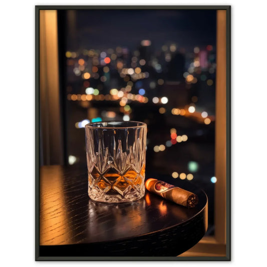 Luxuriöser Poster Whiskyglas mit Zigarre und Stadtlichtern 1