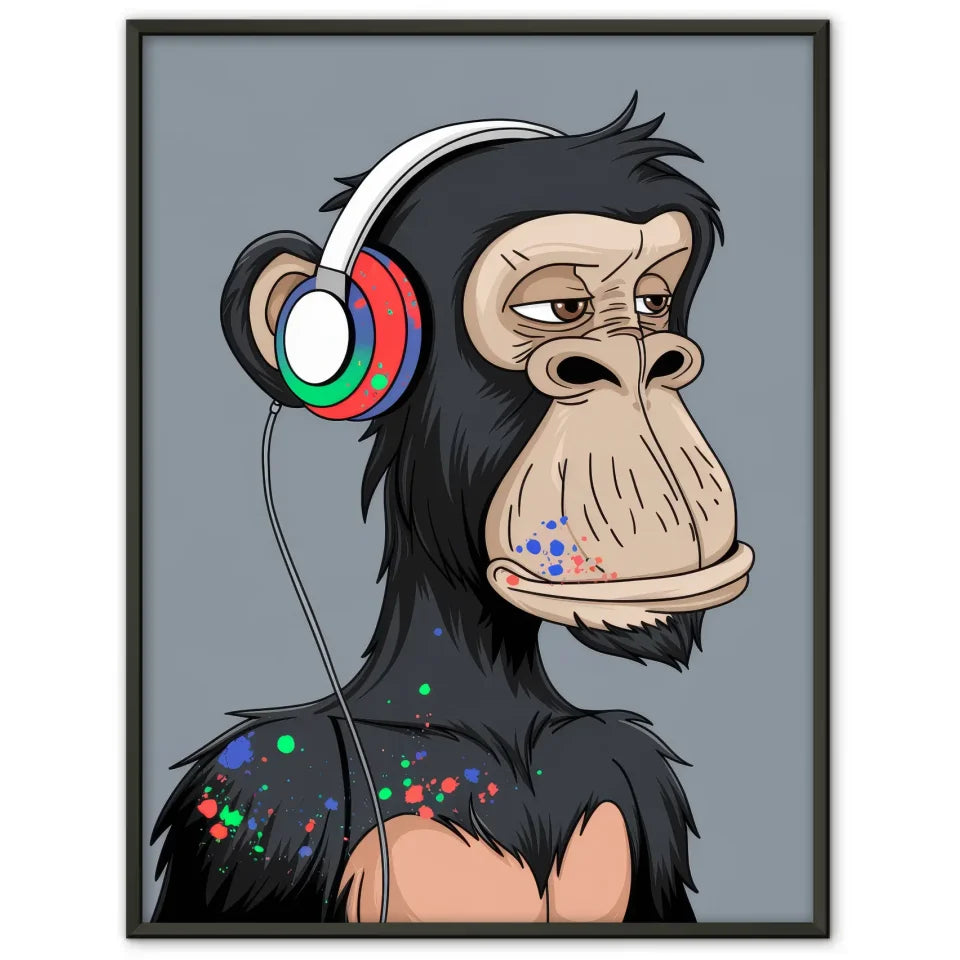 Kreatives Poster Schimpanse mit Kopfhörern und Farben 1