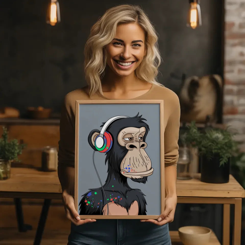 Kreatives Poster Schimpanse mit Kopfhörern und Farben 2