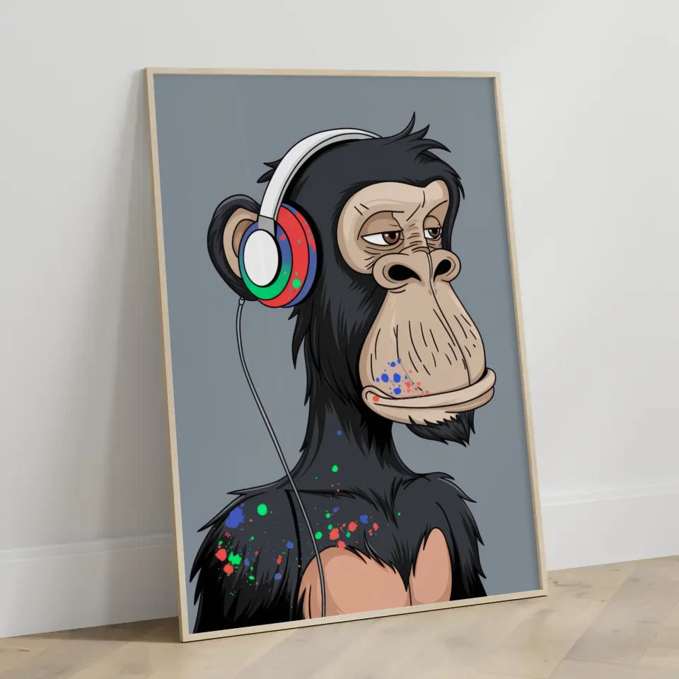 Kreatives Poster Schimpanse mit Kopfhörern und Farben 3