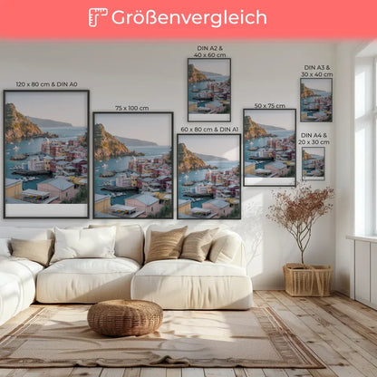 Poster einer Küstenstadt mit bunten Gebäuden und azurblauem Meer