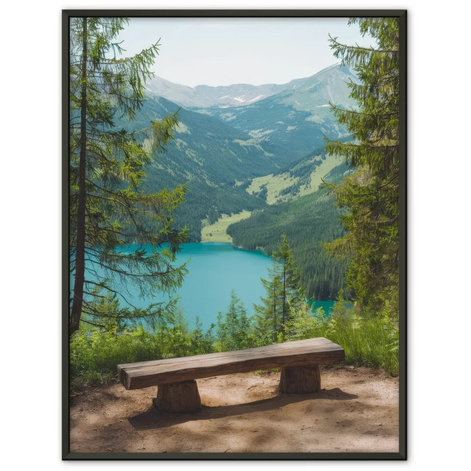 Poster mit Naturlandschaft und rustikaler Holzbank am See