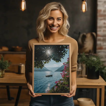 Ruhige Seeszene Poster mit Boot und Bergen für entspannte Wohnräume 2