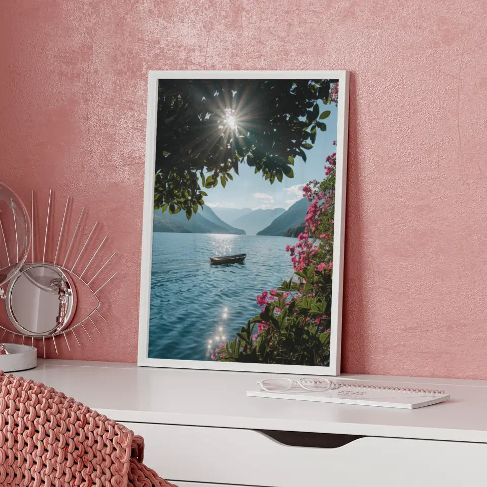 Ruhige Seeszene Poster mit Boot und Bergen für entspannte Wohnräume 5