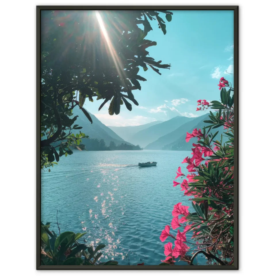 Poster ruhiges Seeufer mit Bergen und Blumen