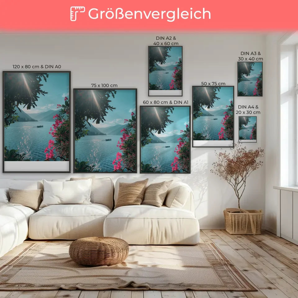 Poster ruhiges Seeufer mit Bergen und Blumen