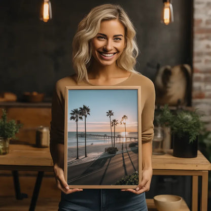 Strandszene Poster mit Sonnenuntergang und Palmen