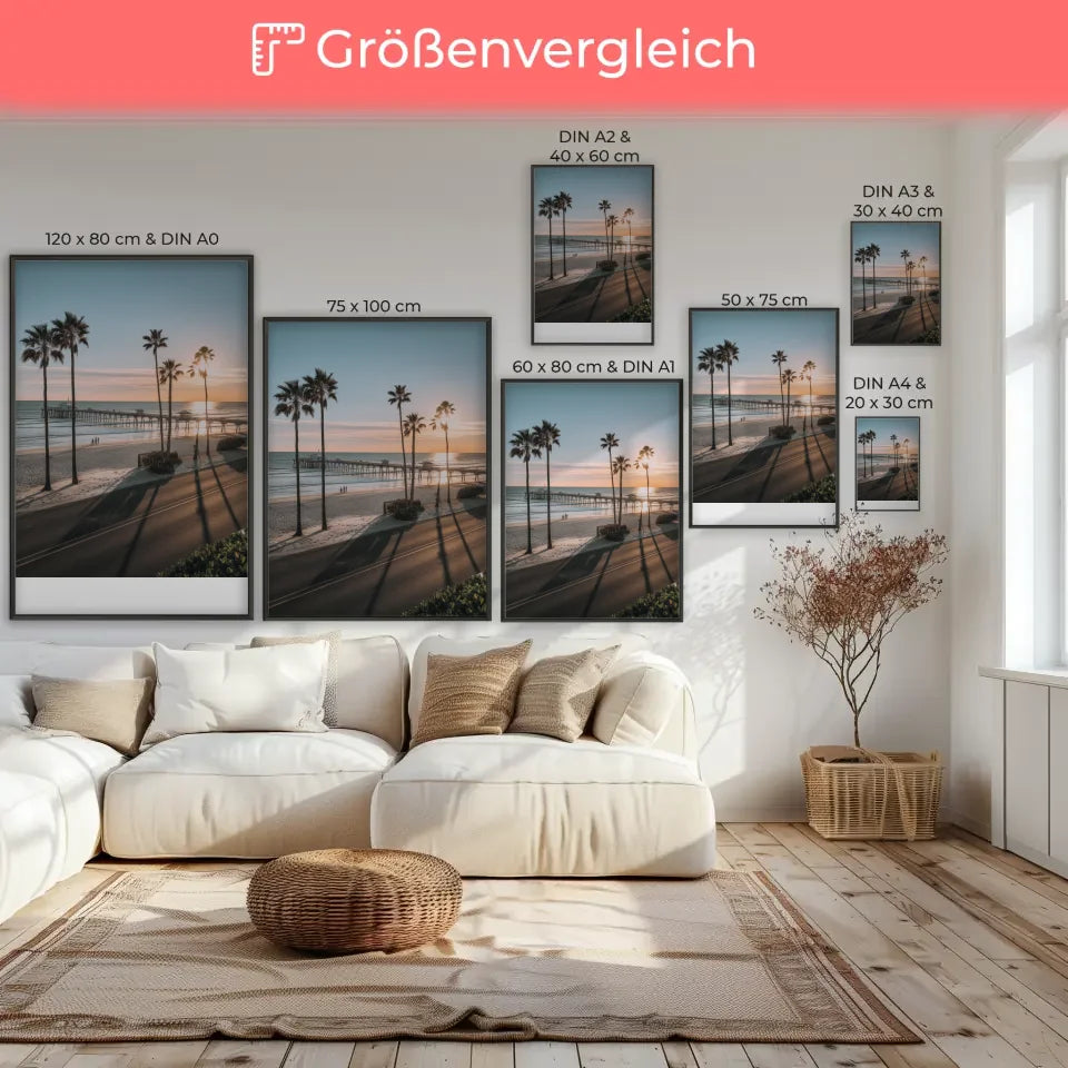 Strandszene Poster mit Sonnenuntergang und Palmen