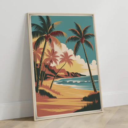 Vintage Hawaii Poster mit Retro Vektorillustration von Strand und Palmen